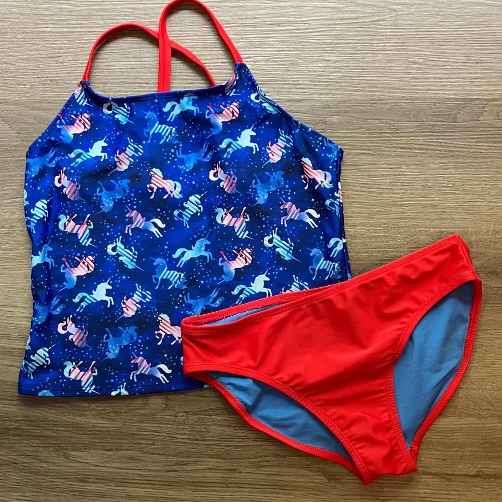 EUC Wonder Nation Red White Blue Unicorn 2-Piece Tankini Girls 18